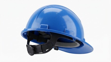 Fototapeta premium Blue hard hat on white background, industrial safety helmet for construction workers, protective headwear for engineering and site labor