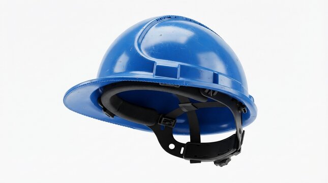Blue hard hat on white background, industrial safety helmet with chin strap, protective construction headgear for site workers