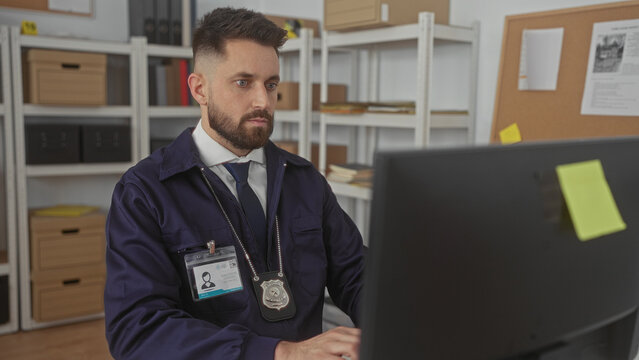 Man police detective typing on keyboard, badge and idcard visible, hands on keys at computer in building; duty investigation.