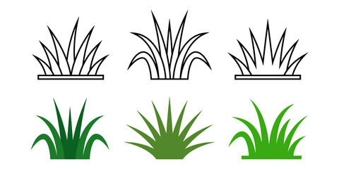 Fototapeta premium Green grass tufts and black outline grass silhouette icon set on grid backdrop.