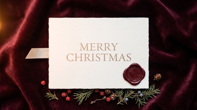 Elegant Christmas Greeting: A festive holiday greeting card, elegantly displayed on a rich burgundy velvet background, adorned with sprigs of evergreen and festive berries.