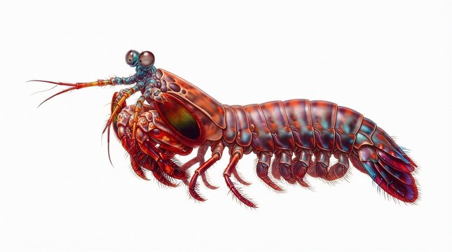 Vibrant mantis shrimp on white background, colorful peacock mantis shrimp marine life, exotic stomatopod crustacean macro photography