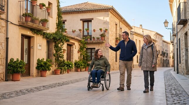 Wheelchair user on accessible guided city tour, inclusive tourism group with smooth paving, generic historic buildings and relaxed sightseeing mood