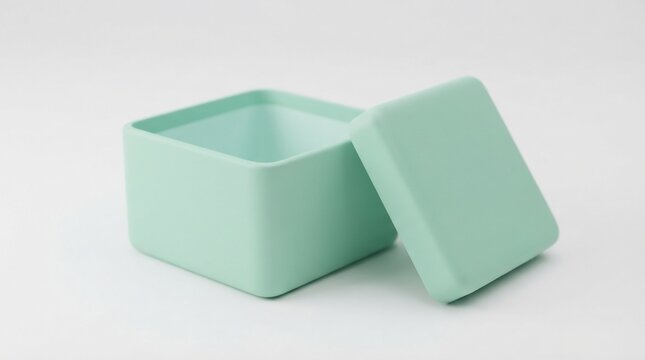Mint green metal tin box, open square storage container with lid, matte pastel gift packaging on white background