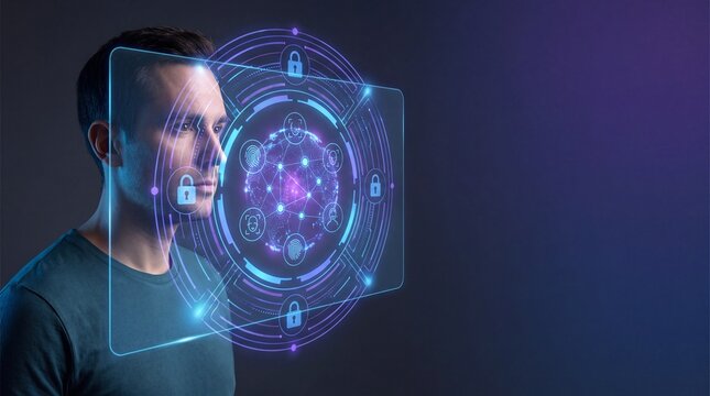 man face with glowing digital security lock network overlay