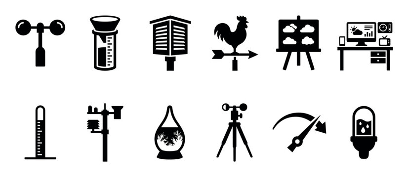 Set of black weather and meteorology icons showing various forecasting and measurement tools like an anemometer, thermometer, and rain gauge for climate science concepts
