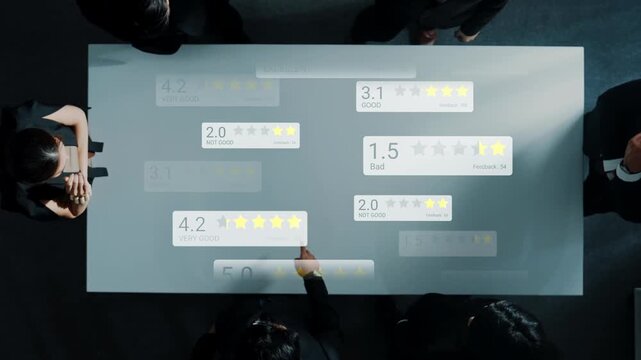 Business meeting with performance ratings review, team collaboration, professional discussion, evaluating feedback and performance scores on a table display Gluon.