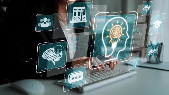 Business Professional Engaging with Digital Mind Mapping and Creative Thinking Concepts in Modern Workspace Setting Sigmoid
