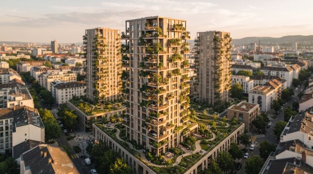 Aerial view of vertical forest towers in a compact green district