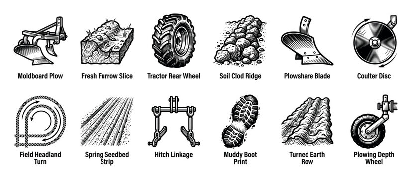 Collection of vintage farming equipment icons in a black and white woodcut style, featuring a moldboard plow, tractor wheel, furrow, and soil cultivation symbols