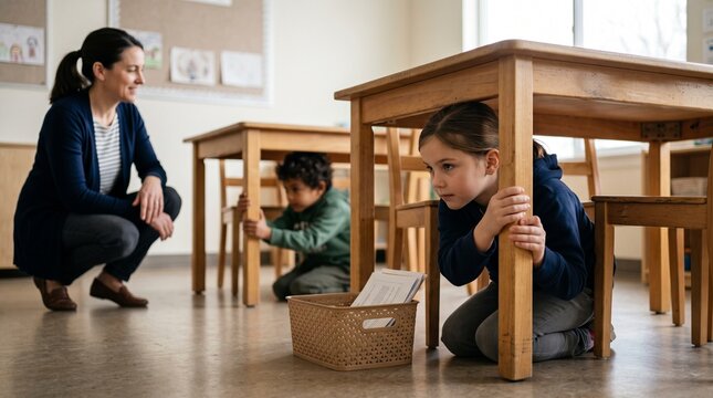 Children practice protective cover during an earthquake drill
