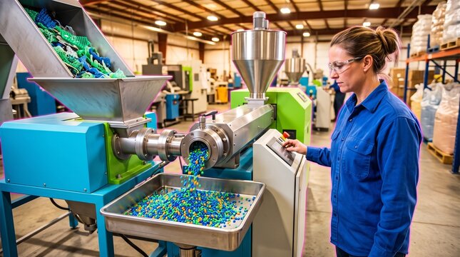 Technician processes recovered net plastic into colorful pellets