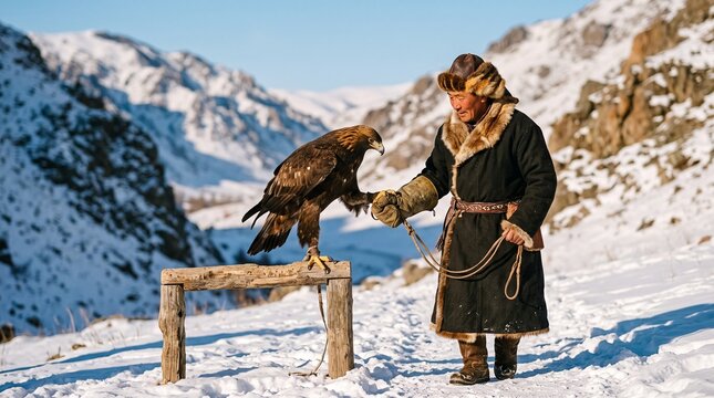 Calm golden eagle training in a Mongolian winter valley