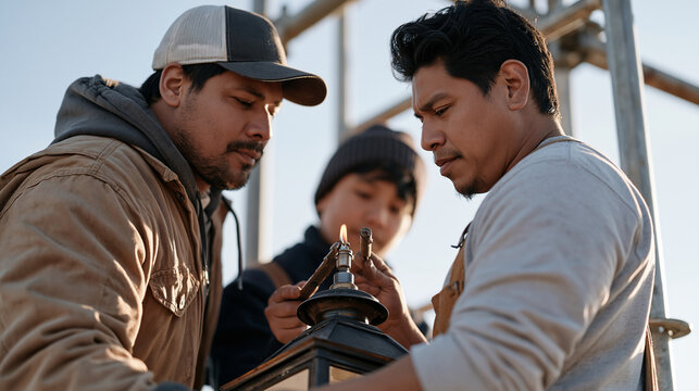 A lamplighter collaborates with a junior colleague to restore a heritage gas lantern on an indigenous community trail, a solo focused close up of the flame adjustment tool mid