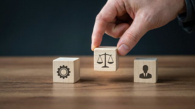 Professional hand placing wooden block with justice scale symbol near other cubes featuring human figure and gear icon on table