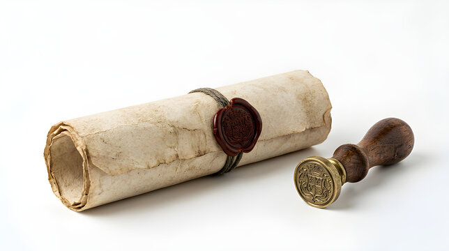Old parchment scroll with red wax seal and vintage metal stamp on white background