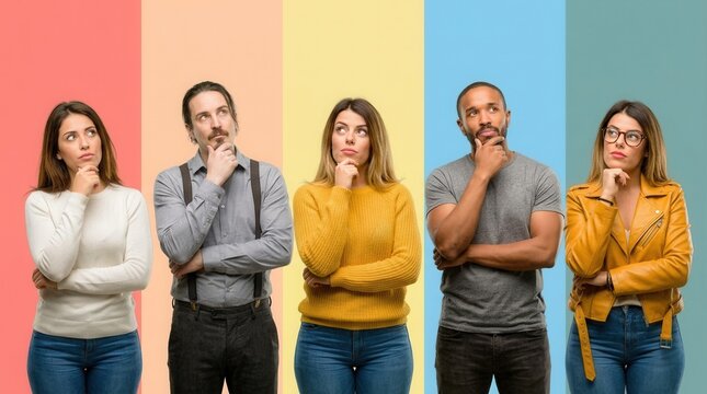 A cool group of people, including a woman and man, thinking and looking up expressing doubt and wonder.