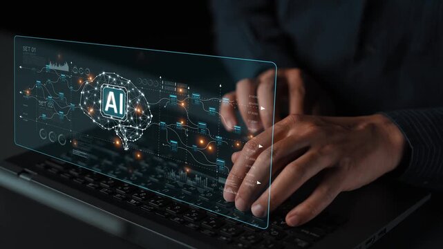 AI neural network and data processing system visualizing artificial intelligence with brain structure, chip, and connected data blocks for computation and learning Marrow