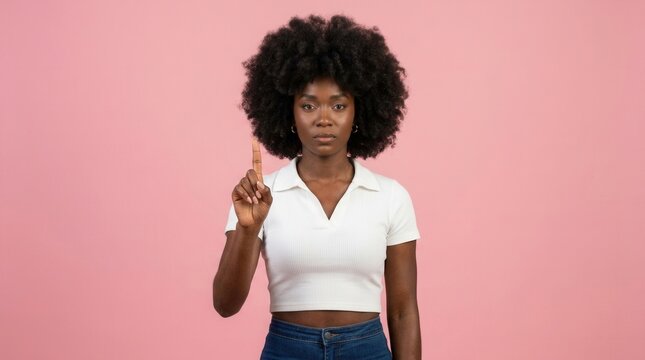 African american woman standing with serious expression saying no with finger over isolated pink background