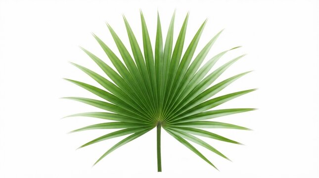 Tropical green palm leaf isolated on white background. Exotic fan palm frond, botanical summer element for design and decor.