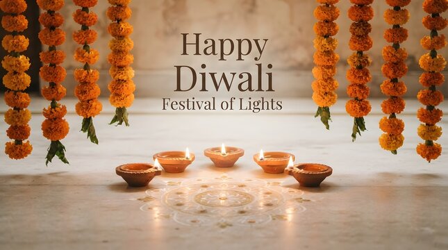 Happy diwali festival of lights greeting with traditional clay diya lamps and marigold flower garlands hanging in the background