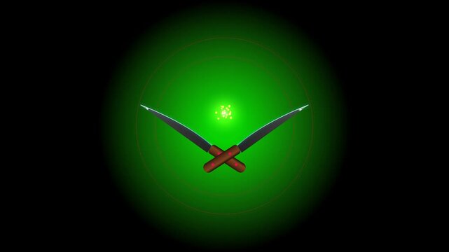 Two crossed kitchen knives with wooden handles against a dark glowing green background 4K Motion Video