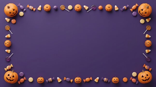 A spooky and festive halloween border with pumpkins candy and a dark purple background