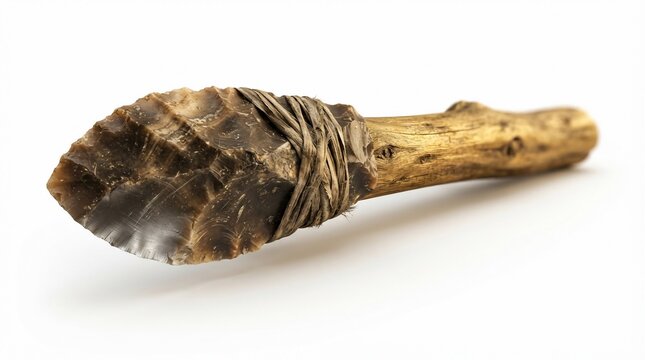 Primitive stone knife with flint blade, ancient prehistoric tool on white background, rustic stone age weapon with wooden handle