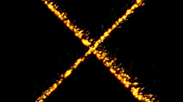 Glowing fire sparks forming an x shape on a dark black background 4K Motion Video