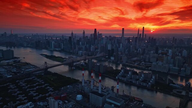 Descend over Queens waterfront at sunset. View on the Ed Koch Queensboro Bridge, Roosevelt Island and Manhattan skyline against hot burning orange sky.