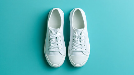 Fototapeta premium Minimal White Casual Sneakers Product Mockup on Bright Blue Background for Fashion Advertising