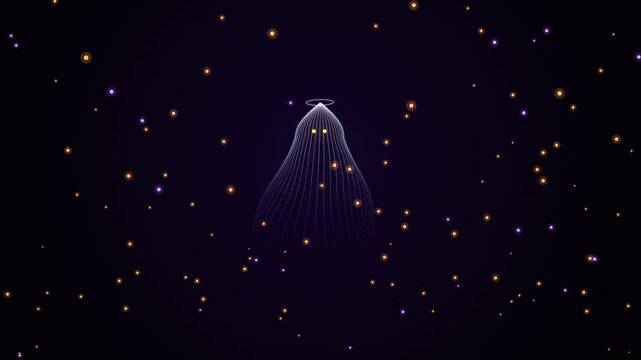 Abstract digital ghost entity with glowing halo and floating particles, surreal sci-fi motion background