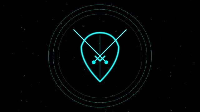 Glowing blue neon shield icon with crossed swords on a dark space background 4K Motion Video