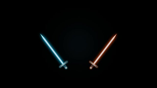 Glowing blue and red neon light swords crossing in darkness 4K Motion Video
