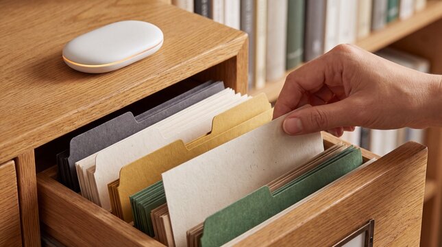 hand pulling file folder from wooden archive cabinet drawer