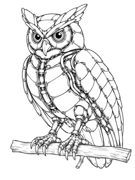 Black and white drawing of mechanical owl sitting on tree branch isolated white background vector illustration outline coloring page graphic