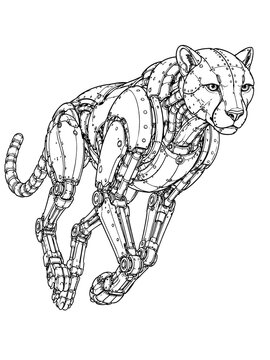 Drawing of mechanical cat running in air on isolated white background vector illustration outline graphic design for coloring page artwork