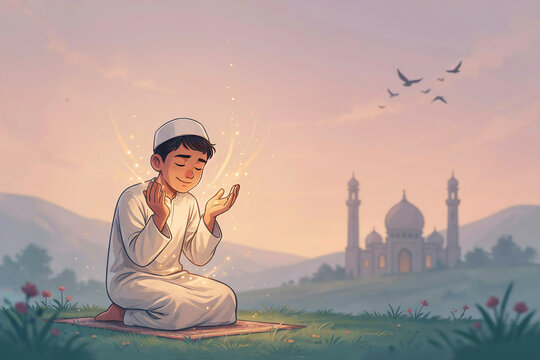 Muslim boy praying outdoors, Islam faith concept, sunnah tradition, mosque background, spiritual devotion, believer praying, religious education illustration, serene sunset