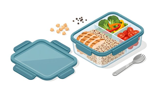 Healthy meal prep bento lunch box with grilled salmon fish and vegetables.