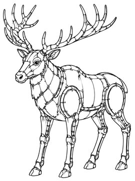Black and white drawing of mechanical reindeer wearing harness standing on isolated white background vector illustration outline coloring page