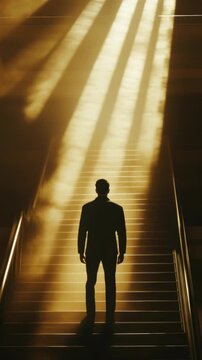 Silhouette of a Man in a Suit on a Staircase with Golden Light Rays