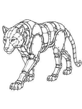 Black and white drawing of mechanical tiger in heavy battle armor standing on isolated white background vector illustration outline coloring page