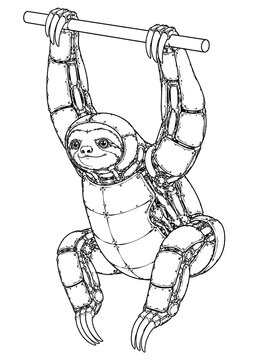 Black and white drawing of mechanical sloth hanging from tree branch isolated white background vector illustration outline coloring page graphic