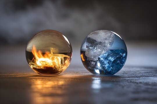 Pair of glass orbs containing fire and ice on reflective floor