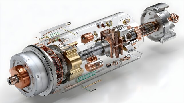 Exploded cutaway of electric motor showing internal rotor stator and parts