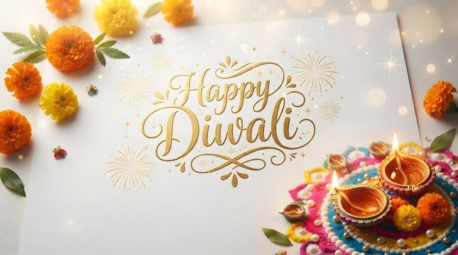 Happy diwali greeting card with elegant gold calligraphy, marigold flowers, and traditional oil lamps on a colorful rangoli, isolated on white background