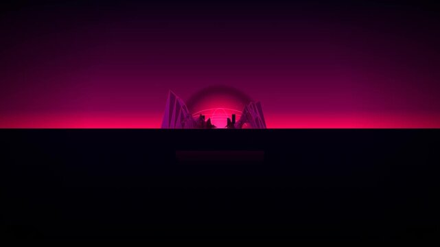 Abstract digital landscape with glowing pink sun and geometric pyramid shapes in a dark retro synthwave style 4K Motion Video