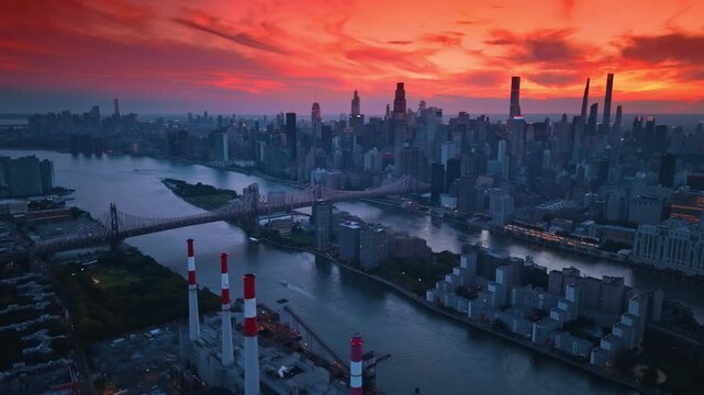 Descending over the industrial area in Queens at the East River waterfront. Roosevelt Island and Manhattan skyline against hot burning red sky in the backdrop.