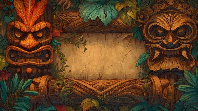 Carved tiki faces and wooden frame around empty parchment signboard