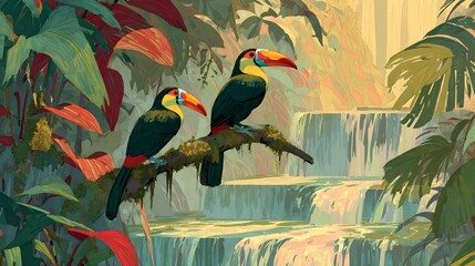 Naklejka premium Two toucanlike birds perched over cascading waterfall in jungle
